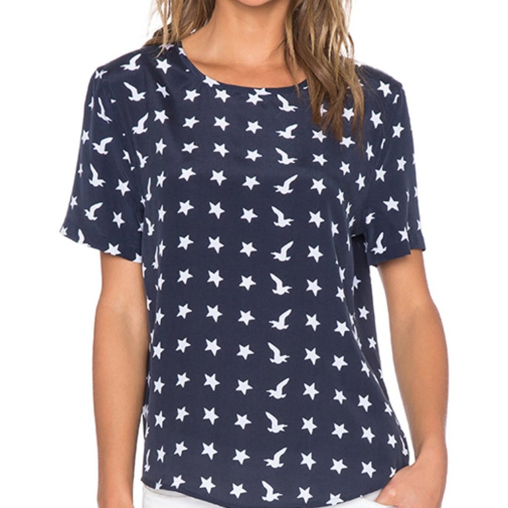 Equipment Blue Stars Birds Eagle Riley Silk T-shirt Tee Blouse XS